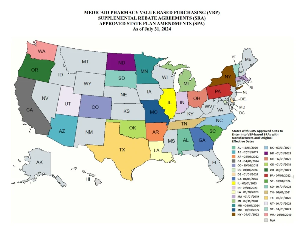 Map of the United States titled "States with Approved VBA State Plan Amendments as of March 14, 2024," showing states that have CMS-approved SPAs to enter into VBP-based SRAs with manufacturers. Each state is color-coded to represent its original effective date of approval, ranging from 01/01/2019 to 01/01/2023. The map includes a key indicating the original effective dates for each state, such as Arizona (01/01/2019), New York (04/01/2022), and Ohio (01/01/2021), among others. Source: CMS Medicaid Prescription Drugs website.